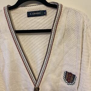 Vintage 90s Carmel Men XL Cable Golf Cardigan Sweater V Neck Grandpa Core Preppy